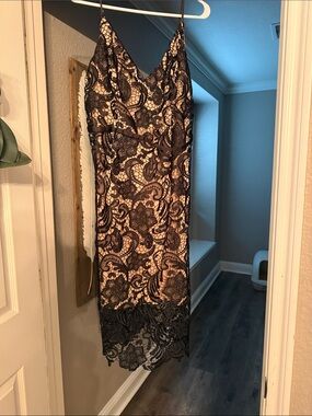 Black Lace Midi Dress with Nude Lining - V-Neck Spaghetti Strap